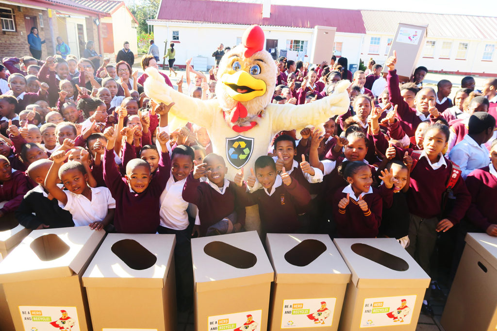 Rocky the Recycling Rooster and learners from St. Paul's Primary School in George
